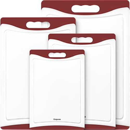 Empune BPA-Free Plastic Cutting Board for Kitchen with Juice Grooves, Extra Large Dishwasher Safe Cutting Boards Set of 4 with Handles, Thick Non-Slip Chopping Board for Meat, Fruit and Chicken, Red