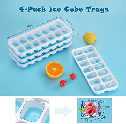 Ice Cube Trays for Freezer with Lid 4 Pack, BPA-Free Stackable Silicone Ice Cube Molds, No Spill & Easy Release, Durable & Flexible 14 Ice Cube Trays for Food Cocktail Whiskey Chocolate, Blue