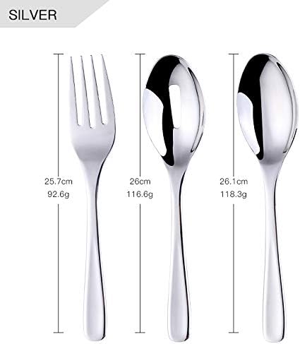 Long Handle Serving Set, Stainless Steel Polished Serving Spoon, Fork, Slotted Spoons, Set of 3 (Silver)