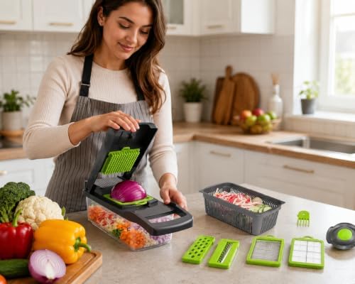 14-in-1 Vegetable Chopper Slicer & Dicer - Manual Food Chopper with Stainless Steel Blades, 1.2L Container for Kitchen, Onion Cutter, Veggie Slicer, Hand Operated, White