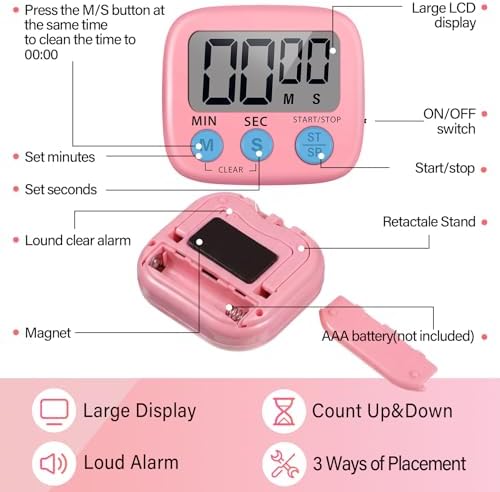 Weewooday 24 Pcs Digital Kitchen Timer Magnetic LCD Alarm, Pink, Orange