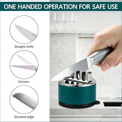 VIRO Compact Suction Kitchen Chef Knife Scissors Sharpener for Straight & Serrated Knives, 4-Stage Knife Sharpening Tool Helps Repair and Restore Blades, Lake Green