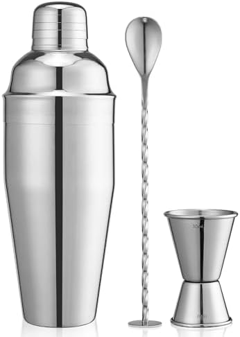 24oz Cocktail Shaker Set, Bartender Kit with Martini Shaker + Bar Spoon + Jigger, 304 Stainless Steel Drink Mixer Cocktail Kit with Built-in Strainer for Margarita Bartender Alcohol Gifts
