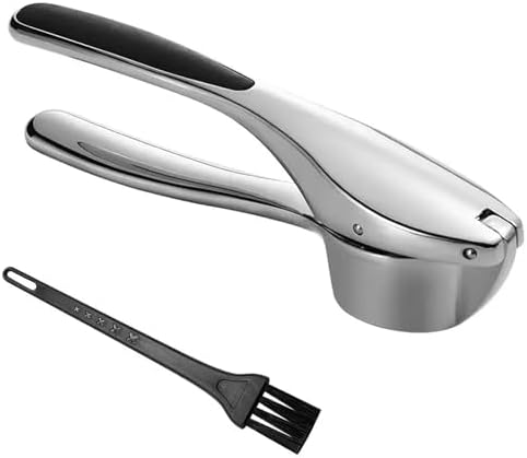 Garlic Press with Cleaning Brush, Zinc Alloy Garlic Mincer, Easy-Squeeze Garlic Crusher with Non-Slip TPR Handle, Mirror Polished Kitchen Tool for Fine Minced Garlic, Garlic Smasher for Daily Cooking