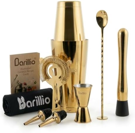 Barillio Gold Boston Shaker Set - Stainless-Steel, Weighted Martini Cocktail Shaker Set w/Strainer & Drink Mixer - Mixology Bartender Kit - Bar Set for the Home - 9-pc Drink Shaker Set - Bar Tools