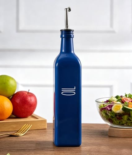 Glass Oil Dispenser for Kitchen, Blue Olive Oil Dispenser Bottle, 17 oz Borosilicate Glass Cooking Oil Container, Multipurpose Oil Bottle with Leak-Proof Spout