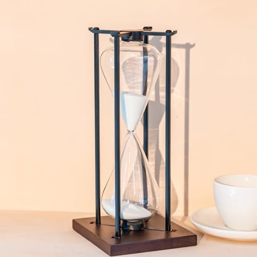 Large Black Iron Craft Hourglass Timer 60 Minutes,Modern Hour Glass Timers Gift for Men & Women, Sand Timer for Kitchen Home Office Desk Deco (White)