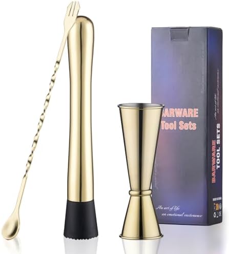 Gold Muddler for Cocktails, 10 Inches Bar Spoon, 1 oz 2 oz Double Jigger- Premium 3 Piece Gold Mixing Tools Set for Drinks