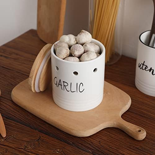 Ceramic Garlic Keeper with Wood Lid, Garlic Container for Counter Easy to Clean,Garlic Saver to Keep Your Garlic Cloves Fresh Longer,Farmhouse Garlic Holder Storage Container, 4.5 inch (White)
