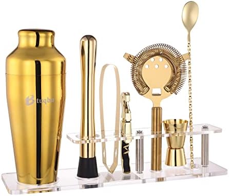 Cocktail Shaker Set with Arcylic Stand, Mixology Bartender Kit for Drink Mixing | Mixology Set with 7 Bar Set Tools Cocktail Kit (Gold)