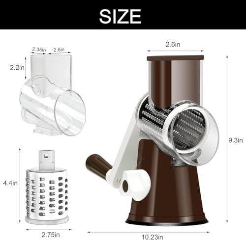 Cambom Rotary Cheese Grater Hand Crank Cheese Shredder for Fresh Cheese, Vegetable, Nuts,Non-slip Suction Base, Three Blades, Coffe Color