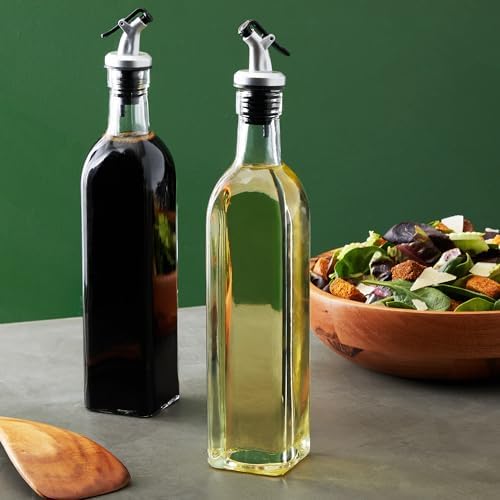 Juvale Olive Oil Dispenser Bottle - 17 Fl Oz (500 ml), Clear Glass, 2-Pack - Oil & Vinegar Set for Kitchen - Airtight Pour Spouts & Lever-Release Lids - Salad Dressing Container & Vinegar Dispenser