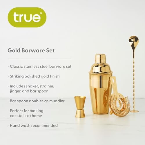 True 4-Piece Cocktail Shaker Set Includes Cobbler Shaker, Strainer, Jigger, Bar Spoon for Classic Cocktails, Mixed Drinks, Cold Brew, Home Bar Tools, Bartender Gifts, Bar Cart Accessories, Gold