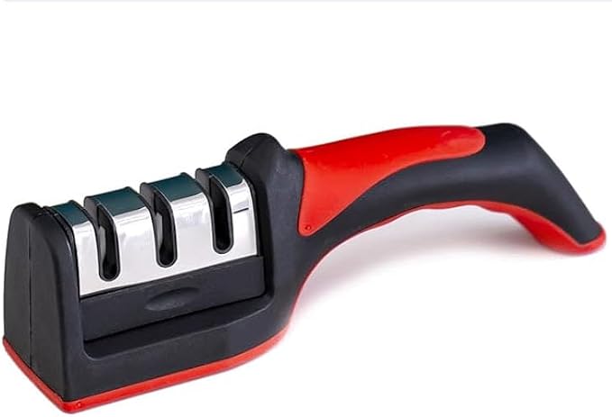 Professional 3-Stage Knife Sharpener with diamond, tungsten steel and ceramic slots. Sharpen kitchen knives, chef knives and scissors easily with this non-slip manual sharpener. (Red)