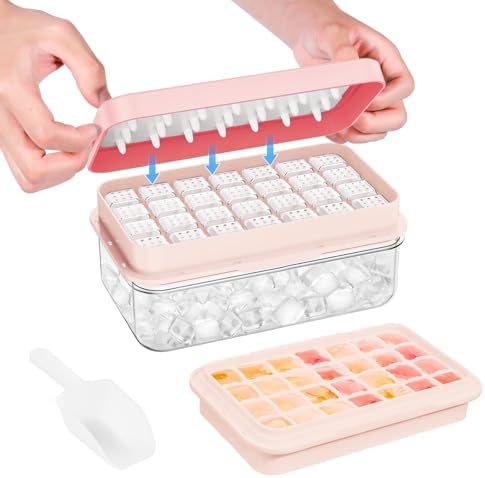 PHINOX Ice Cube Tray with Lid and Bin, Easy Release 28 Cubes for Freezer