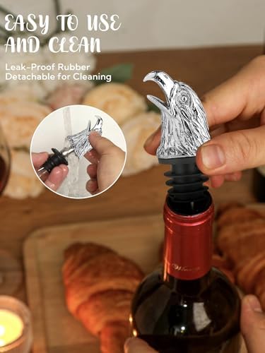Eagle Head Wine Pourer and Bottle Stopper, Stainless Steel Animal Liquor Pour Spout with Leakproof Rubber, Patriotic Bald Eagle Bar Accessory for Wine Whiskey Gifts for Men