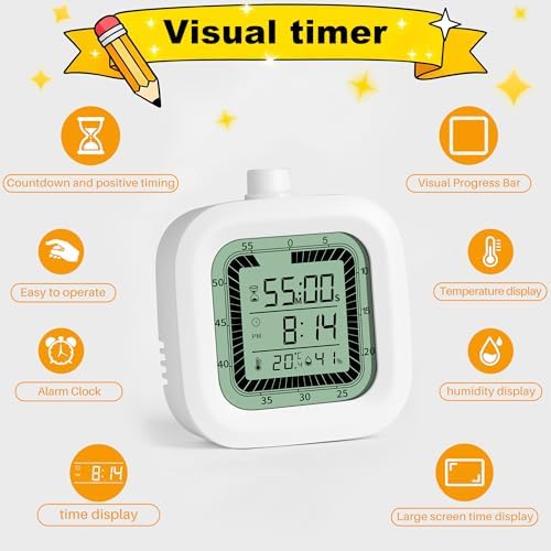 Visual Timer, 60 Minutes Countdown & Countup Timer, Digital Alarm Clock with Temperature and Humidity Monitor, 4 in 1 Multifunctional Desk Clock for Kids Study, Kitchen, Office and Home,Blue
