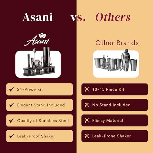 Asani Cocktail Shaker Set Bartender Kit - 24-Piece Home Bartending Kit with Stand and Recipe Booklet - Includes Cocktail Mixer, Corkscrew, Hawthorne Strainer, Double Jigger and More Bartender Tools