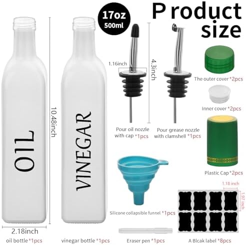 Olive Oil Dispenser Bottle,2 Pcs 17oz 500ml Glass O il and Vinegar Dispenser Set with 2 Stainless Steel Pourers, 8 Labels,Funnel Vinegar Bottles for Kitchen (White)