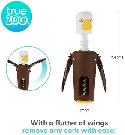 True Zoo Bald Eagle Corkscrew Wine Opener, Winged Design with Easy Grip Soft Touch Wings, Stainless Steel and Plastic with Sharp Screw for Wine Bottles, Home Bar, Kitchen, Novelty Gifts