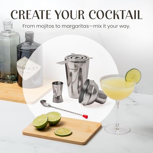 Modern Mixology Cocktail Shaker Set - Bartender Kit with Pine Stand | Leak-Proof Design | Includes Martini Shaker, Jigger, Strainer, Spoon, Tongs | Perfect Bar Tools Gift for Home Mixology (Silver)