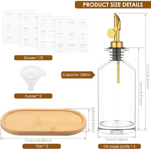 4Pack 11.8oz/350ml Oil Dispenser Bottle for Kitchen, Glass Olive Oil and Vinegar Dispenser Set, Soy Sauce Dispenser with Wooden Tray & Labels & Replacement Spouts & Pumps