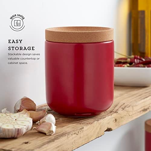 Kamenstein Ceramic and Cork Breathable Garlic Keeper to Allow Air Flor for Freshness, Stackable Space Saving Cork Lid, Natural Cork and Red Ceramic