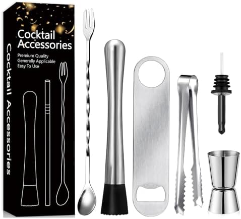 6-Piece Bar Set: Muddler for Cocktails, 8” Cocktail Muddler & Bar Accessories Kit with Mixing Spoon Jigger Ice Tongs Pourer Bottle Opener | Stainless Steel Bartender Tools for Mojitos Fruit Drinks