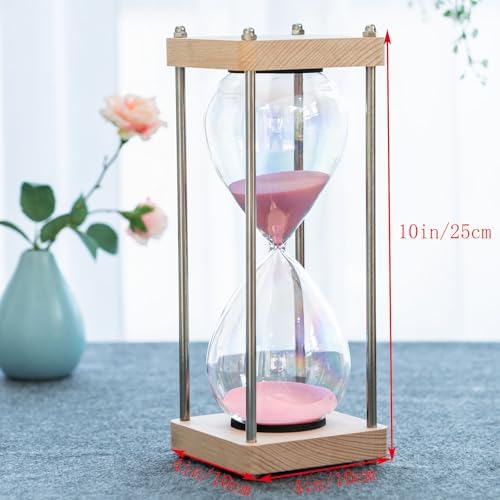 Large 60-Minute Hourglass Sand Timer,Pastel Macaron Glass & Natural Oak Wood Base, Modern Minimalist Office Home Desktop Decor (Macaron Pink)