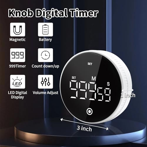 Digital Kitchen Timer, Magnetic Visual Countdown Countup Timer with Large LED Display, Adjustable Volume, Easy for Seniors and Kids, for Cooking, Classroom, Fitness, Study (White)
