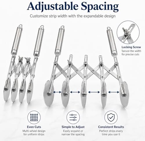 Wheel Adjustable Pasta Cutter with Handle - Stainless Steel Multi-Tool for Baking Pastry, Pizza, Noodles & Pie Crust (3 Roller)