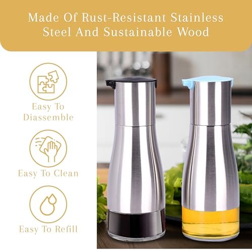 2LB Depot Oil and Vinegar Dispenser Set - Brushed Steel & Glass Containers with Anti-Drip Spout Lid - Easy-Clean - Olive Oil Dispenser Bottle - Minimalist Kitchen Accessory - 7.1"H x 2.7"L x 2.7"W