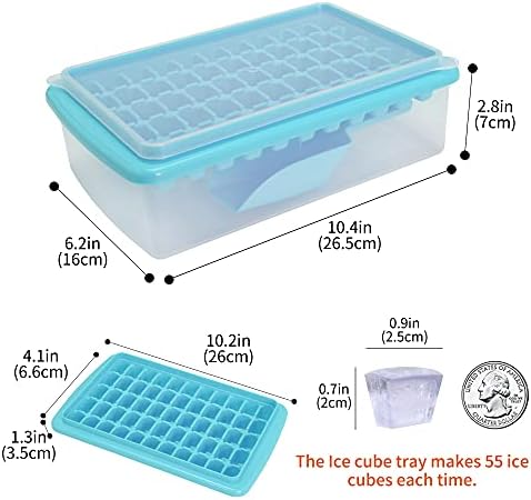 Ice Cube Tray with Lid and Bin for Freezer, Easy Release 55 Nugget Ice Tray with Cover, Storage Container, Scoop. Perfect Small Ice Cube Maker Tray & Mold. Flexable Durable Plastic, BPA Free