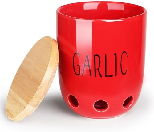 Ceramic Garlic Saver Container with Wood Lid (Red)