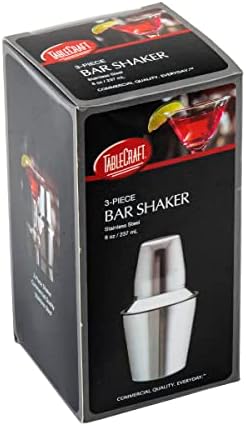 TableCraft 375 3-Piece Stainless Steel Cocktail Shaker, Bar Shaker with Built-In Strainer for Bartenders, Perfect for Mixing Cocktails, Margaritas – Durable Stainless Steel, Dishwasher Safe, 8oz