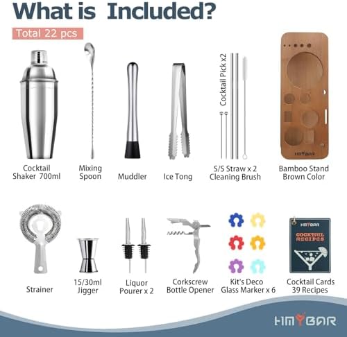HMYBAR® 22-Piece Cocktail Shaker Set, Mixology Bartender Kit with 24oz Cobbler Shaker, Home Bar Tool Set with Brown Bamboo Stand, 39 Recipe Cards, Glass Markers, Gift for Men & Dad