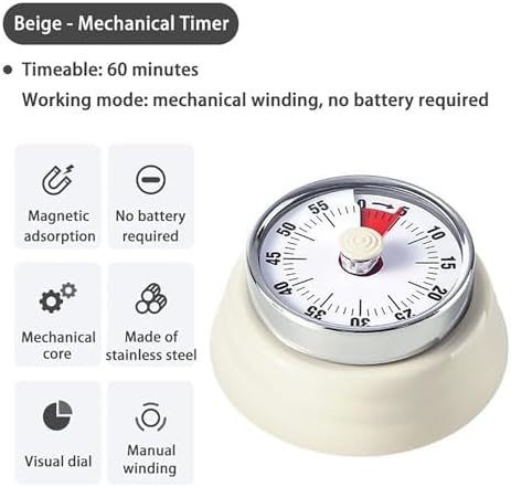 Elegant Stainless Steel Vintage Kitchen Timer with Magnetic Attachment - 60-Minute Countdown & Audible Alarm, Perfect for Cooking, Office Tasks, and Study Sessions (01-Beige)