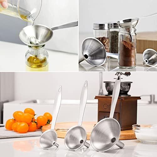 Small Funnels for Filling Bottles, 3 Pcs Stainless Steel Kitchen Funnel Set, Food Grade Mini Metal Funnel for Transferring Oil Liquid, Easy Cleaning with a Brush (Long Handle)