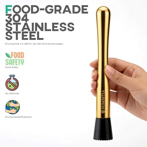 Homestia 10 Inch Muddler for Cocktails, Cocktail Muddler for Lemonade, Gold