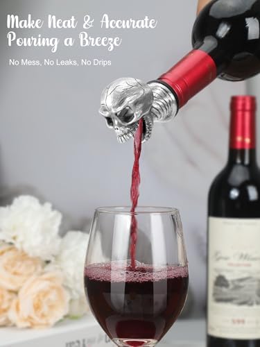 Skull Wine Pourer Spout for Bottles, Skeleton Head Liquor Pourer Stopper for Halloween Party, Gothic Bar Accessories for Wine Whiskey Spirits, No Drip Wine Dispenser Fits Most Standard Bottle Necks