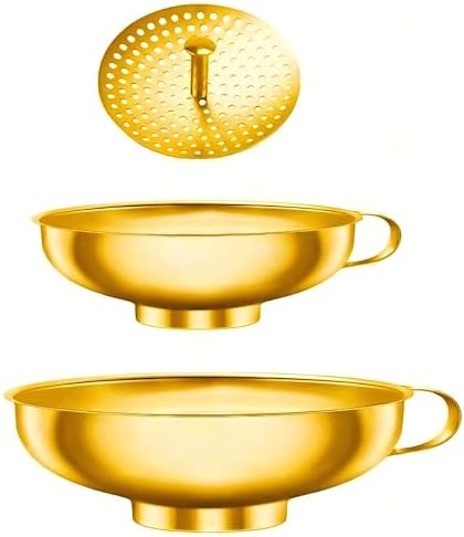Canning Funnel with Strainer, Wide Mouth Funnels for Filling Wide and Regular Mason Jars Three-piece Set, Food Grade Stainless Steel Canning Supplies for Kitchen Use (Golden)