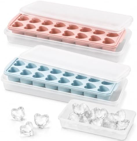 2 Pack Heart Shpaed Ice Cube Trays with Lids and Bins Ice Molds with Ice Storage Box, 48 Holes Silicone Heart Ice Cube Tray for Whiskey Cocktail Fun Shapes Cubes, with Lids & Bins