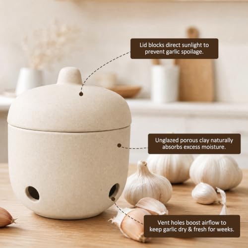 Garlic Keeper for Counter with Lid,4" Coarse Ceramic Garlic Holder