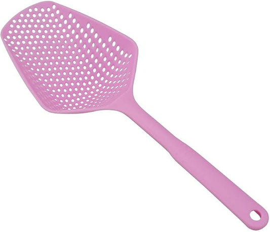 SEIWEI Large Strainer Spoon, Long Handle Tool Colander Draining Scoop, Heat-Resistant Pasta Strainer Cooking Kitchen for Spaghetti, Noodles, Veggies, Non-Slip Grip & Hanging Loop, 13.5'', Pink