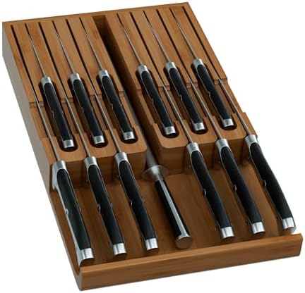 Domax Bamboo In-drawer Knife Block - Kitchen Knife Drawer Organizer Insert, Steak Knife Holder Without Knives, Drawer Knife Organizer Fits for 12 knives and 1 Sharpening Steel (Not Included), Walnut