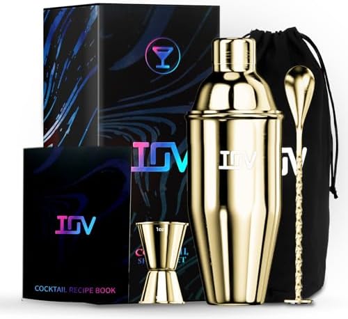 IOV Cocktail Shaker Bar Set, 24oz Martini Shaker with Built-in Strainer, Bar Tool Kit with Recipes Booklet, Professional Stainless Steel Large Bartender Drink Shaker Margarita Alcohol Mixer- Gold