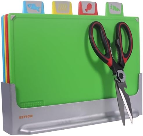Cutting Board Set 12"L x 9"W: 4-Piece Color-Coded, Non-Slip, BPA-Free, Perfect kitchen essentials for new home, Dishwasher Safe with Premium Scissors & Chopping Board Organizer, Quality kitchen stuff.