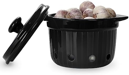 Garlic Keeper with Lid, Ceramic Garlic Saver Container for Countertop, Kitchen Decor (Black)