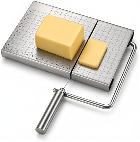 Cheese Slicer Board with Wire, Stainless Steel Cheese Cutter with Measuring Grid, Adjustable Thickness for Cheese & Butter, Includes 5 Replacement Wires