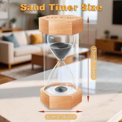 Hourglass Sand Timer 60 Minute, Natural Wood Grain Hexagonal Hour Glass Black Sand Clock, Reloj De Arena, Large Wooden Sandglass Sand Watch 60 Min for Rustic Desk Decor, Office, Game, Classroom
